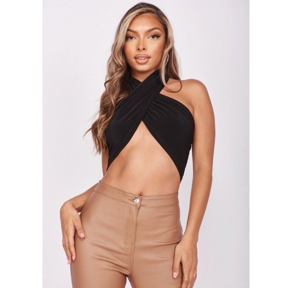 Tops - Black Sleeveless Wrap Halter Neck Crop Top